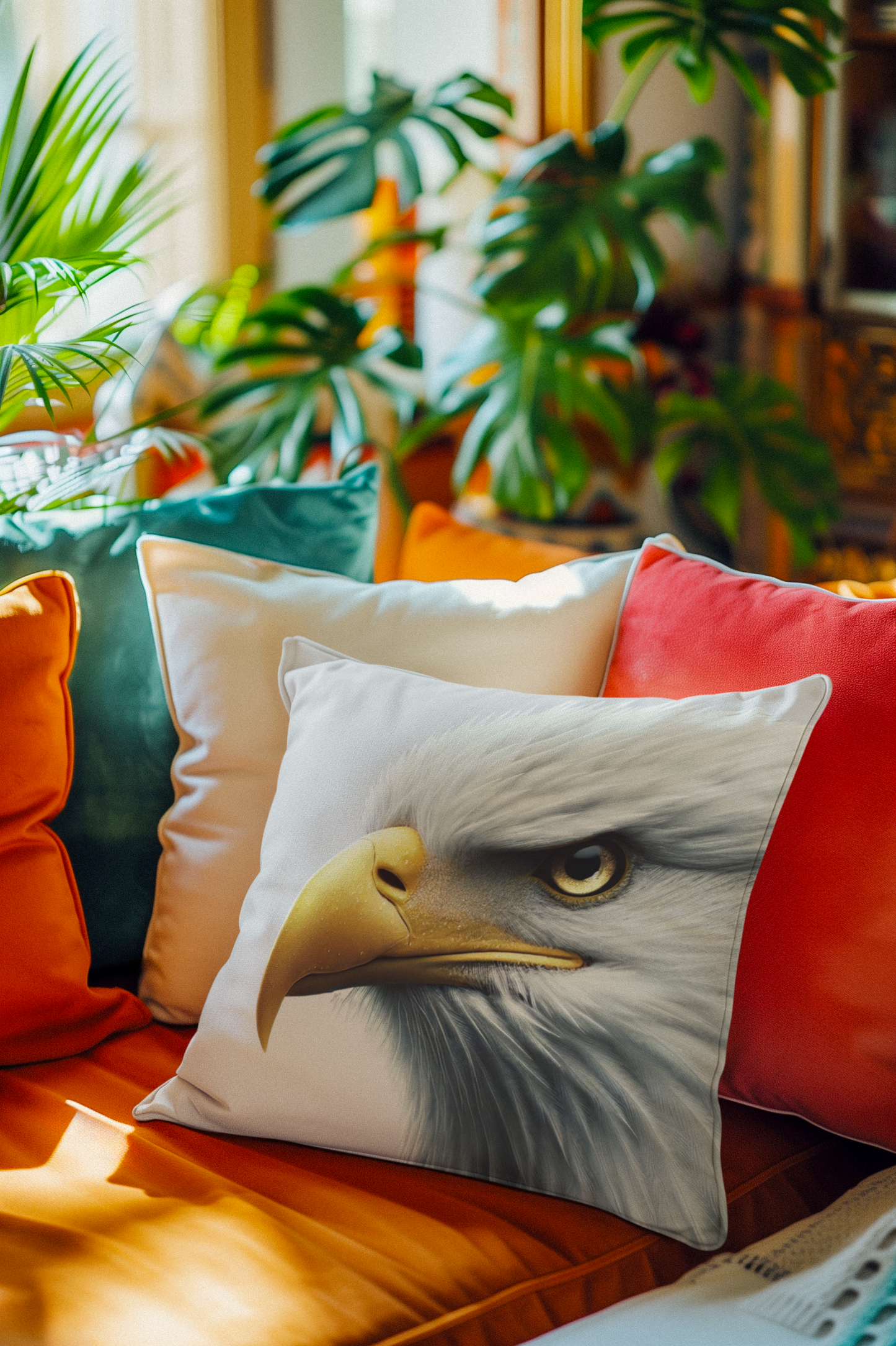 Decorative throw pillow featuring a realistic bald eagle's head with a sharp yellow beak and intense gaze, placed on a vibrant orange couch surrounded by green indoor plants.