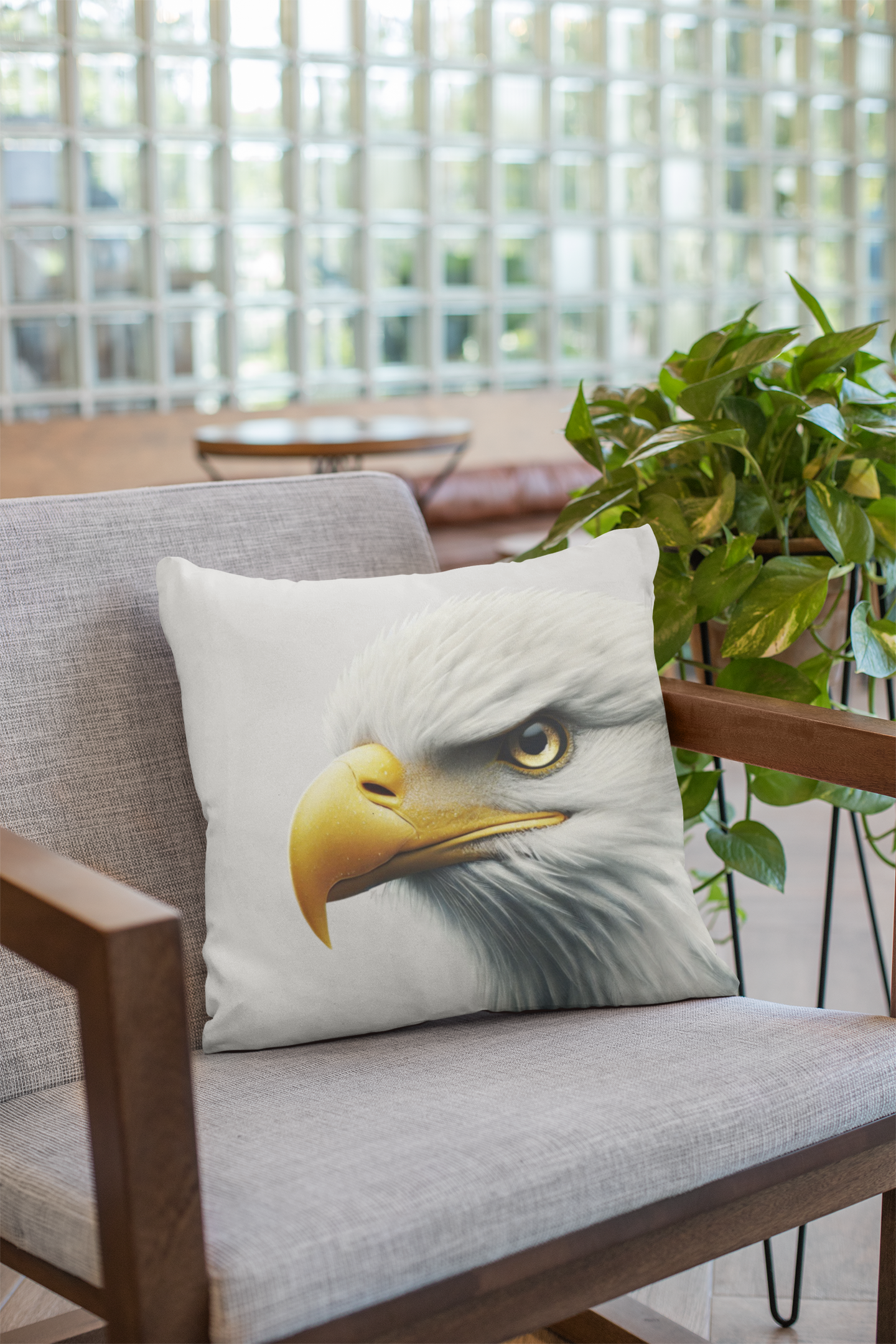 Modern living room chair with a throw pillow displaying a detailed bald eagle's face, adding a nature-inspired touch to the minimalist decor.