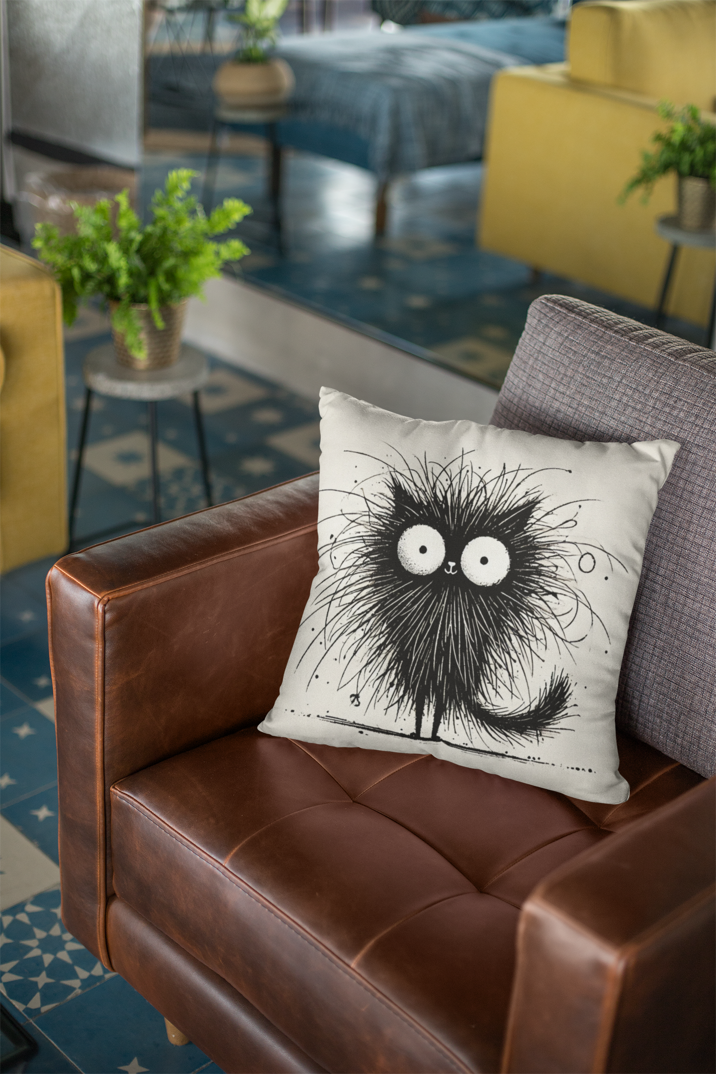 Funny Fluffy Black Cat Throw Pillow