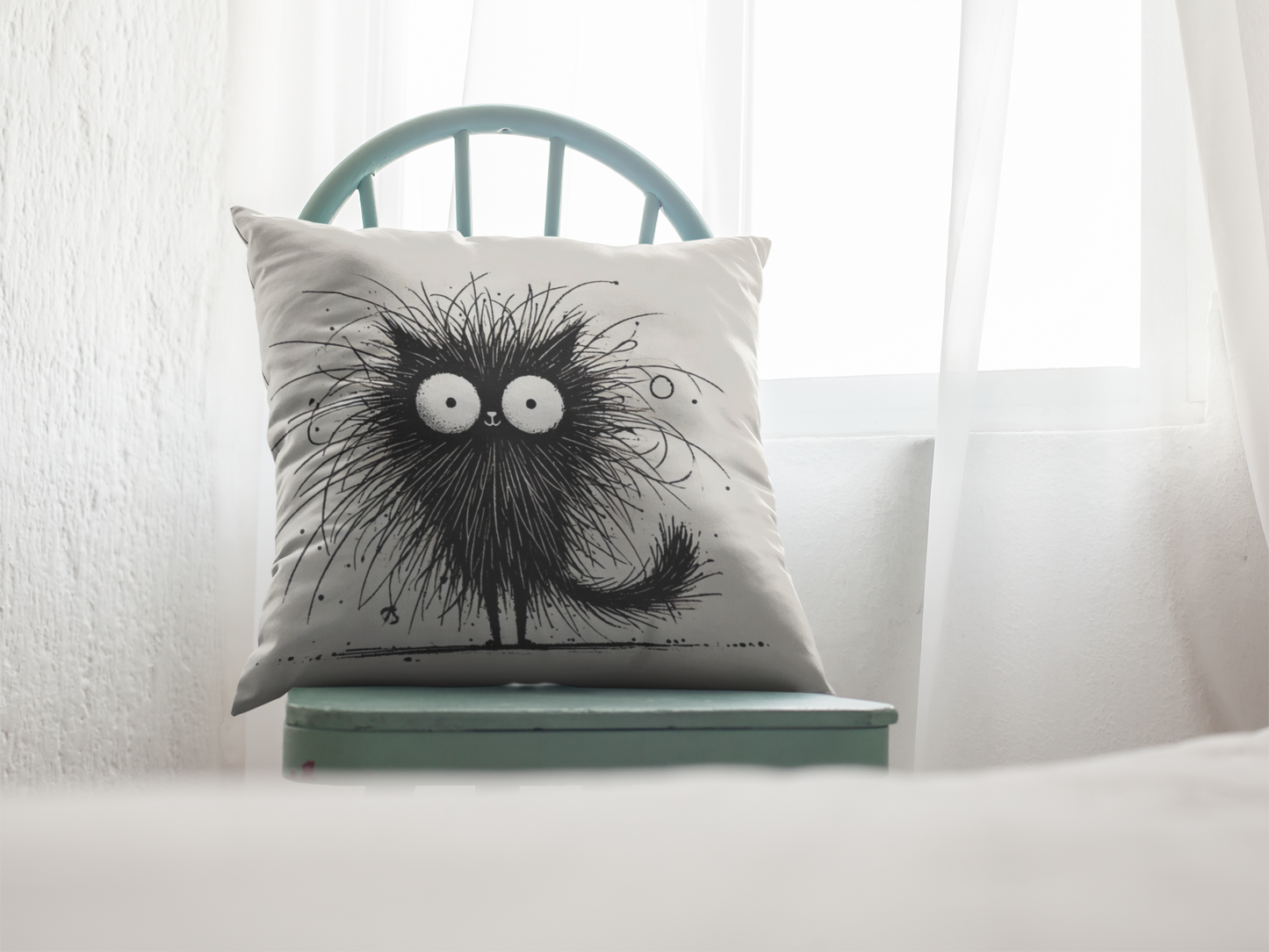 Funny Fluffy Black Cat Throw Pillow
