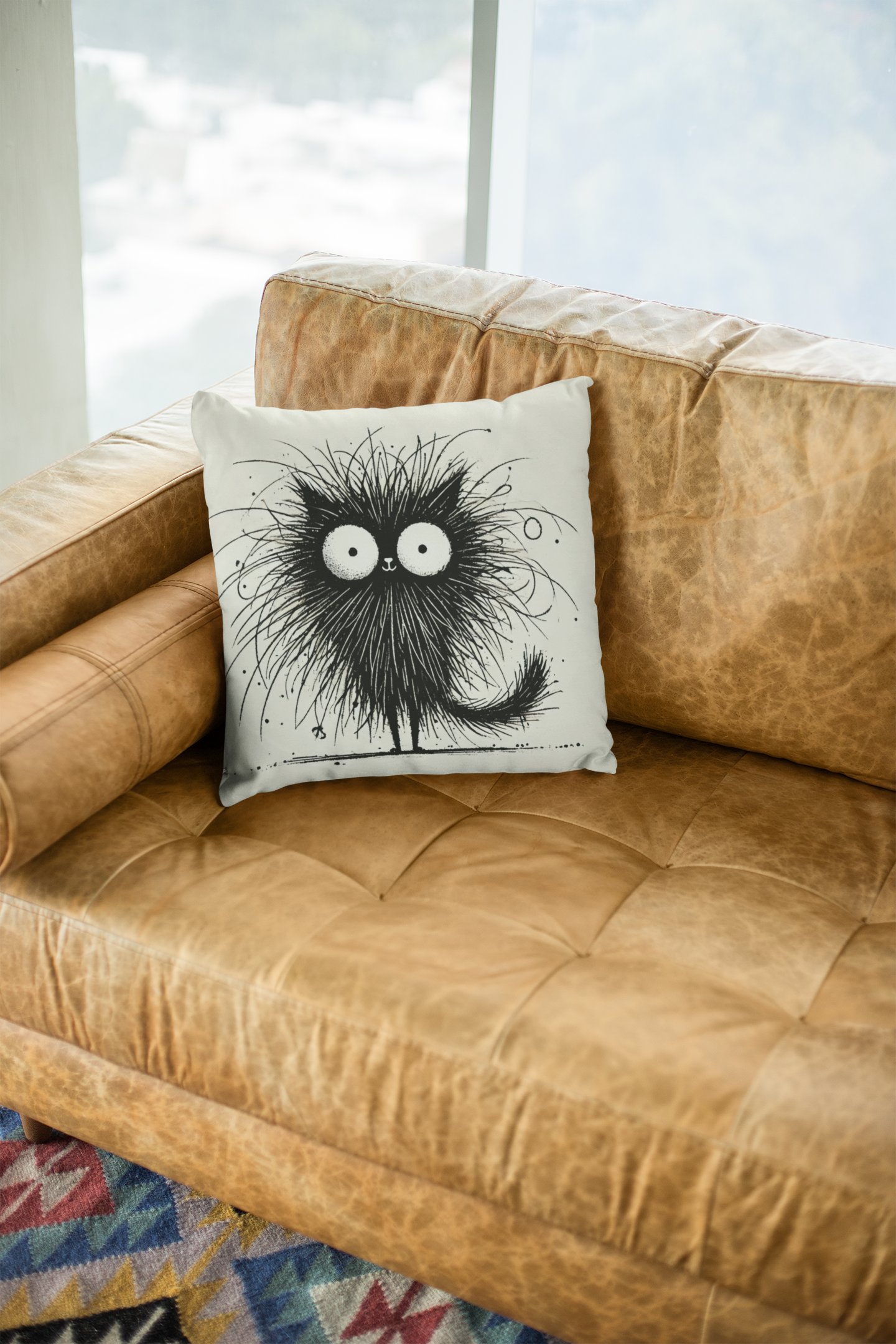 Funny Fluffy Black Cat Throw Pillow
