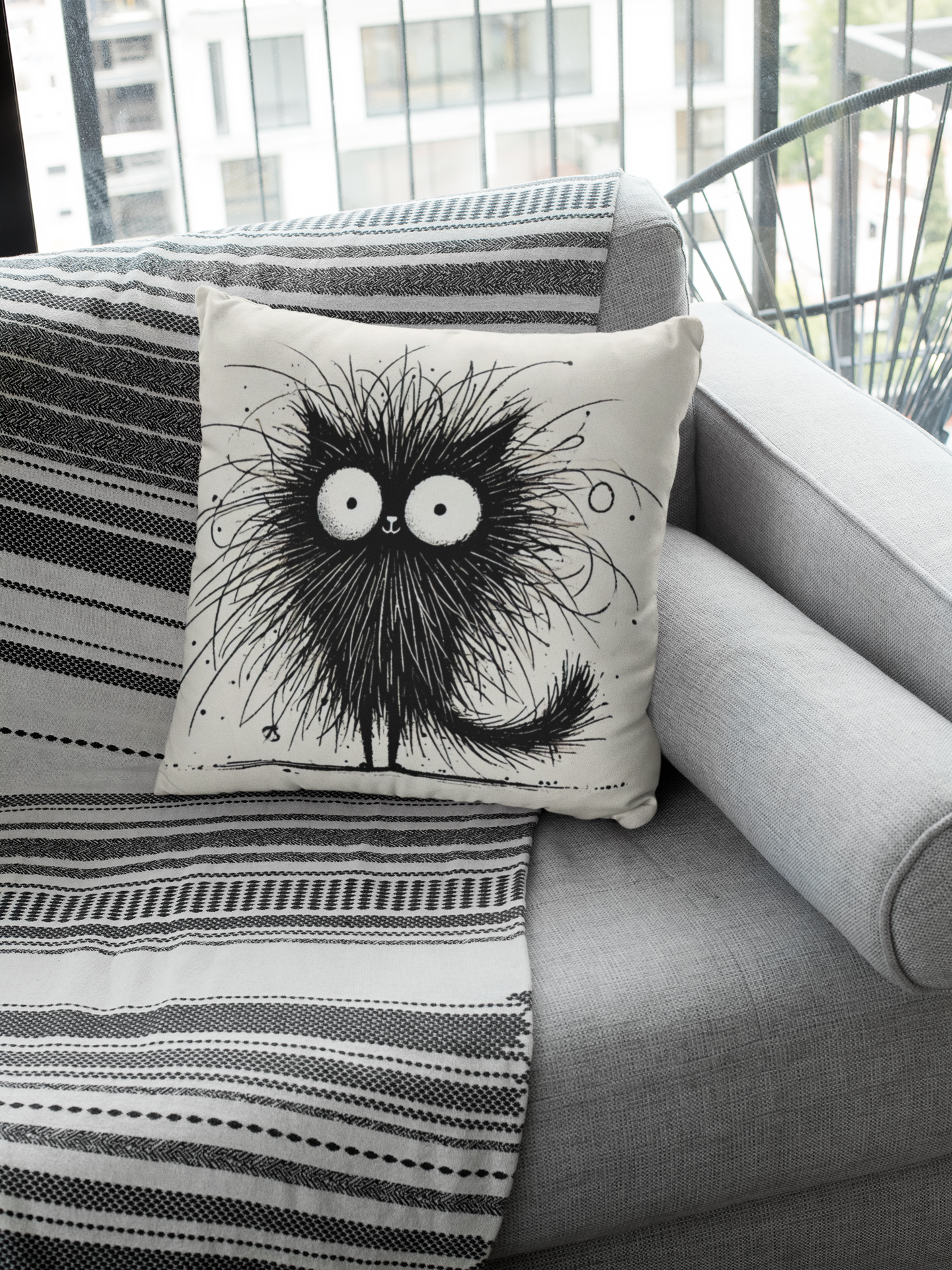 Funny Fluffy Black Cat Throw Pillow