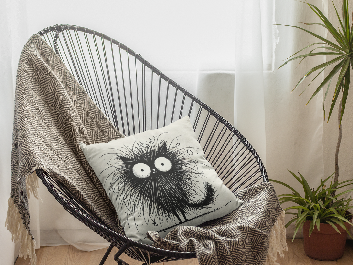 Funny Fluffy Black Cat Throw Pillow