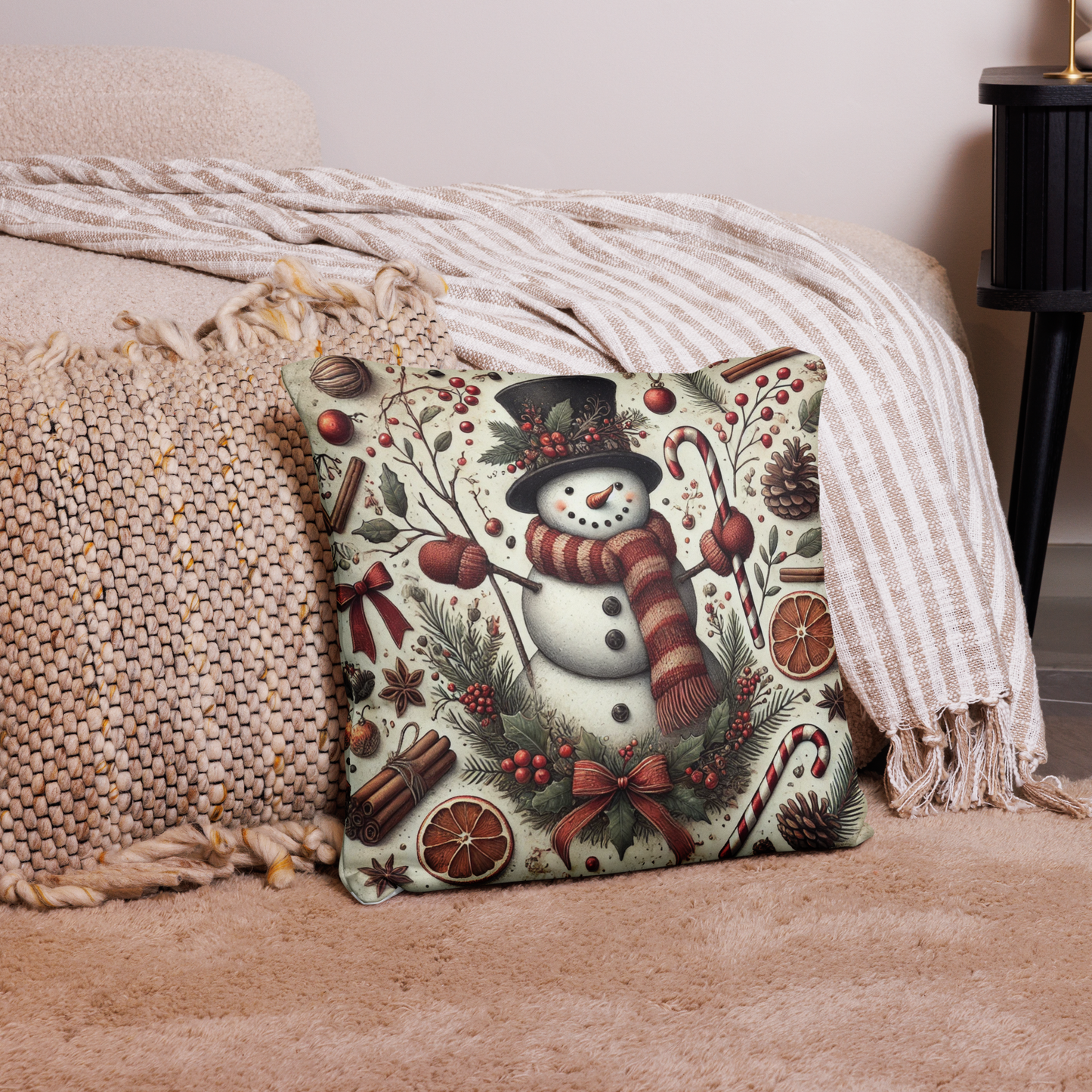 Vintage Christmas Snowman Pillow