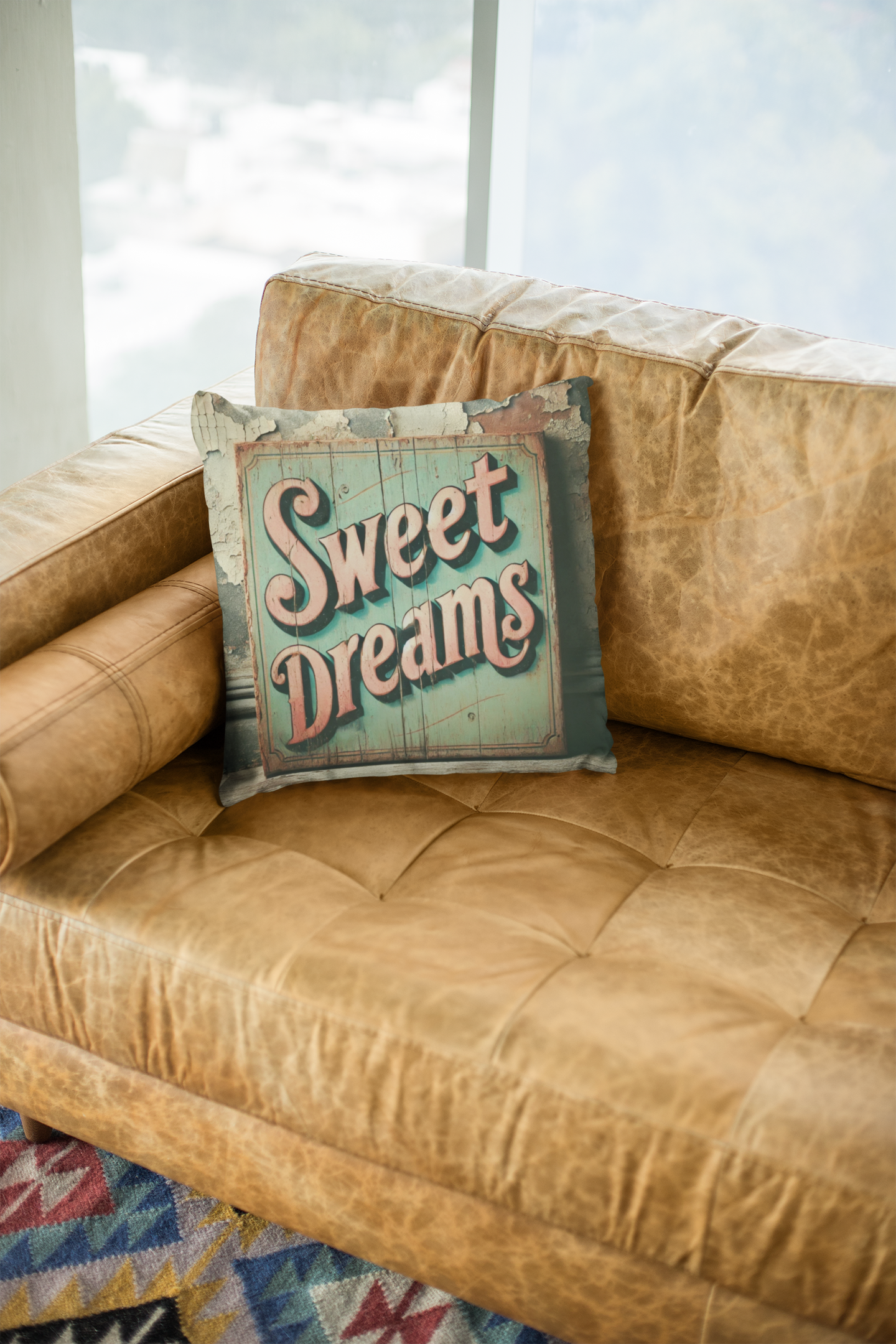Rustic interior scene with a vintage "Sweet Dreams" throw pillow on a caramel leather sofa, showcasing bold retro typography on a distressed teal wooden sign.
