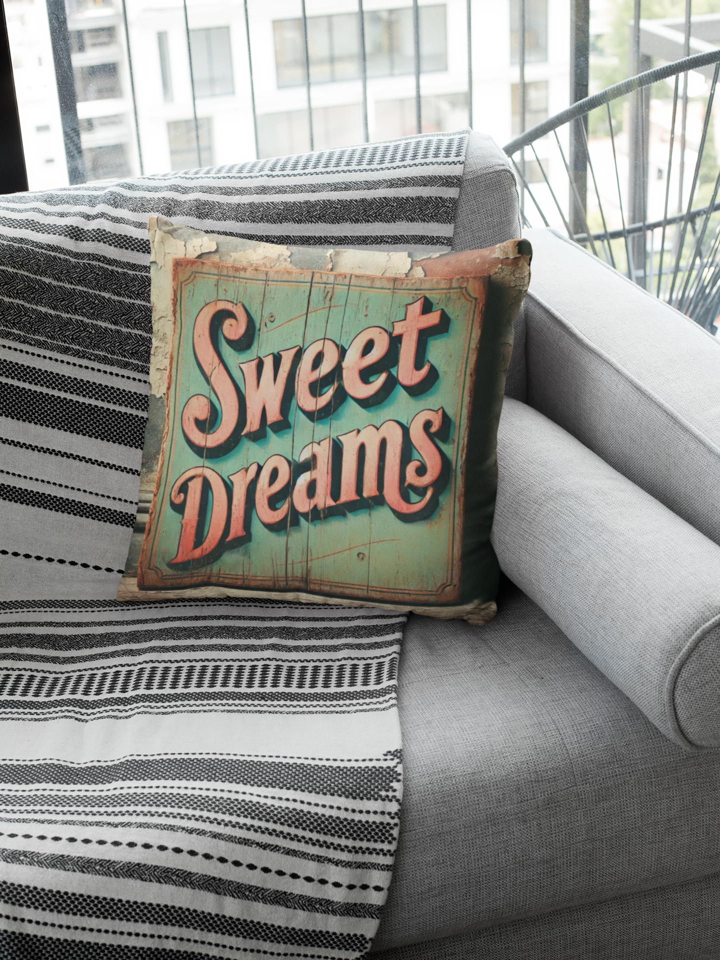 Minimalist grey couch setup with a vintage "Sweet Dreams" throw pillow featuring retro typography on a faded teal background and a cozy striped blanket.