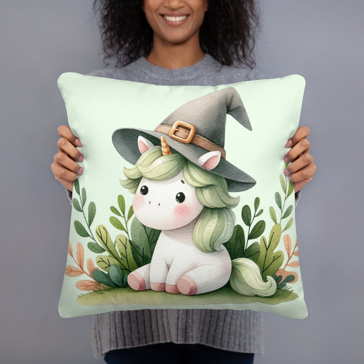 Cute Unicorn Throw Pillow with Witch Hat