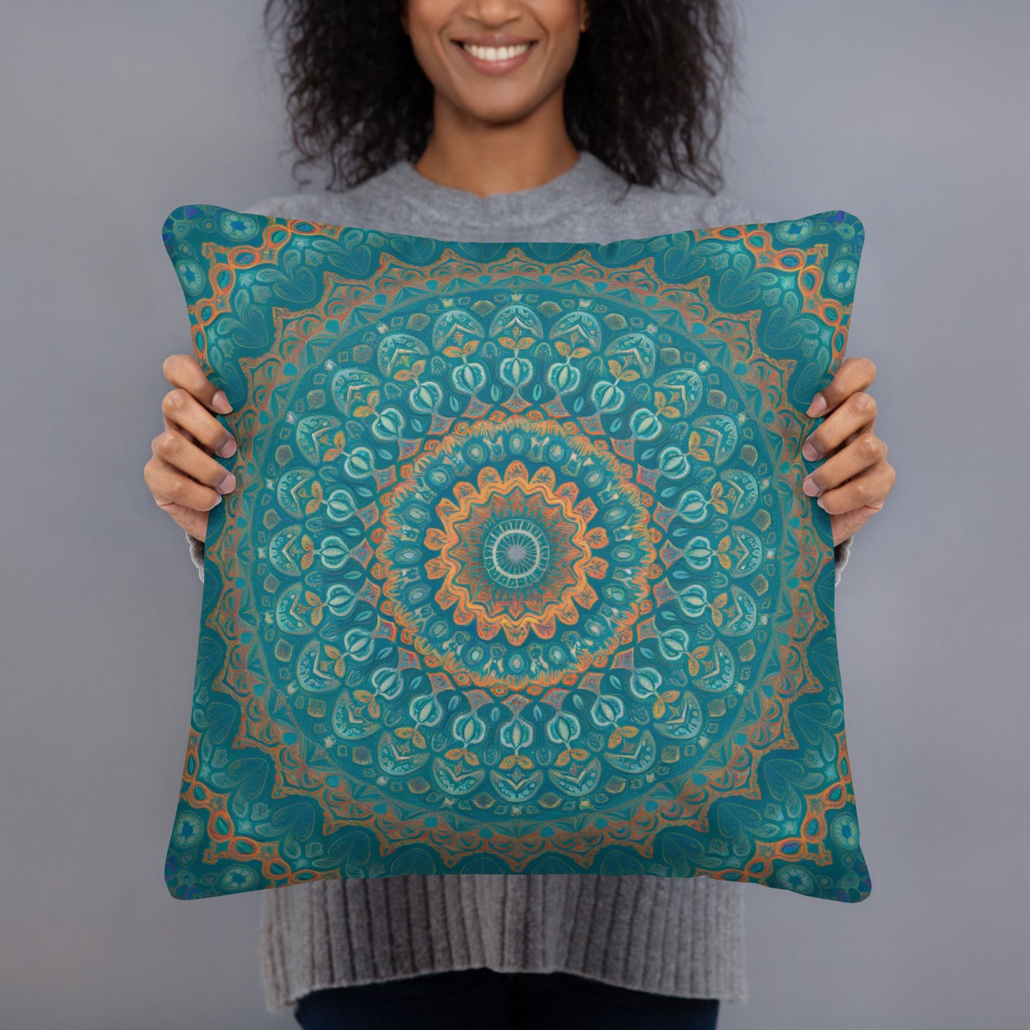Teal Mandala Throw Pillow
