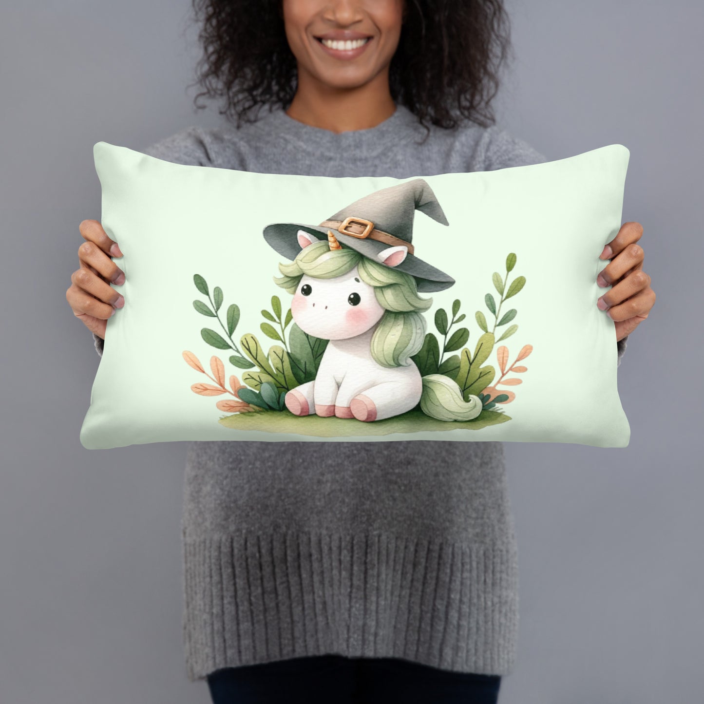 Cute Unicorn Throw Pillow with Witch Hat