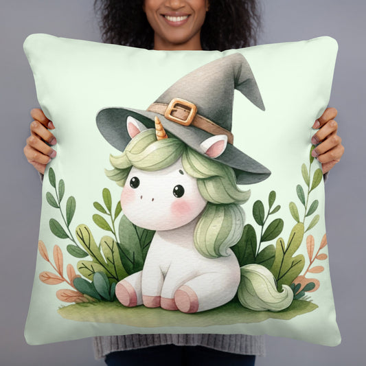 Cute Unicorn Throw Pillow with Witch Hat