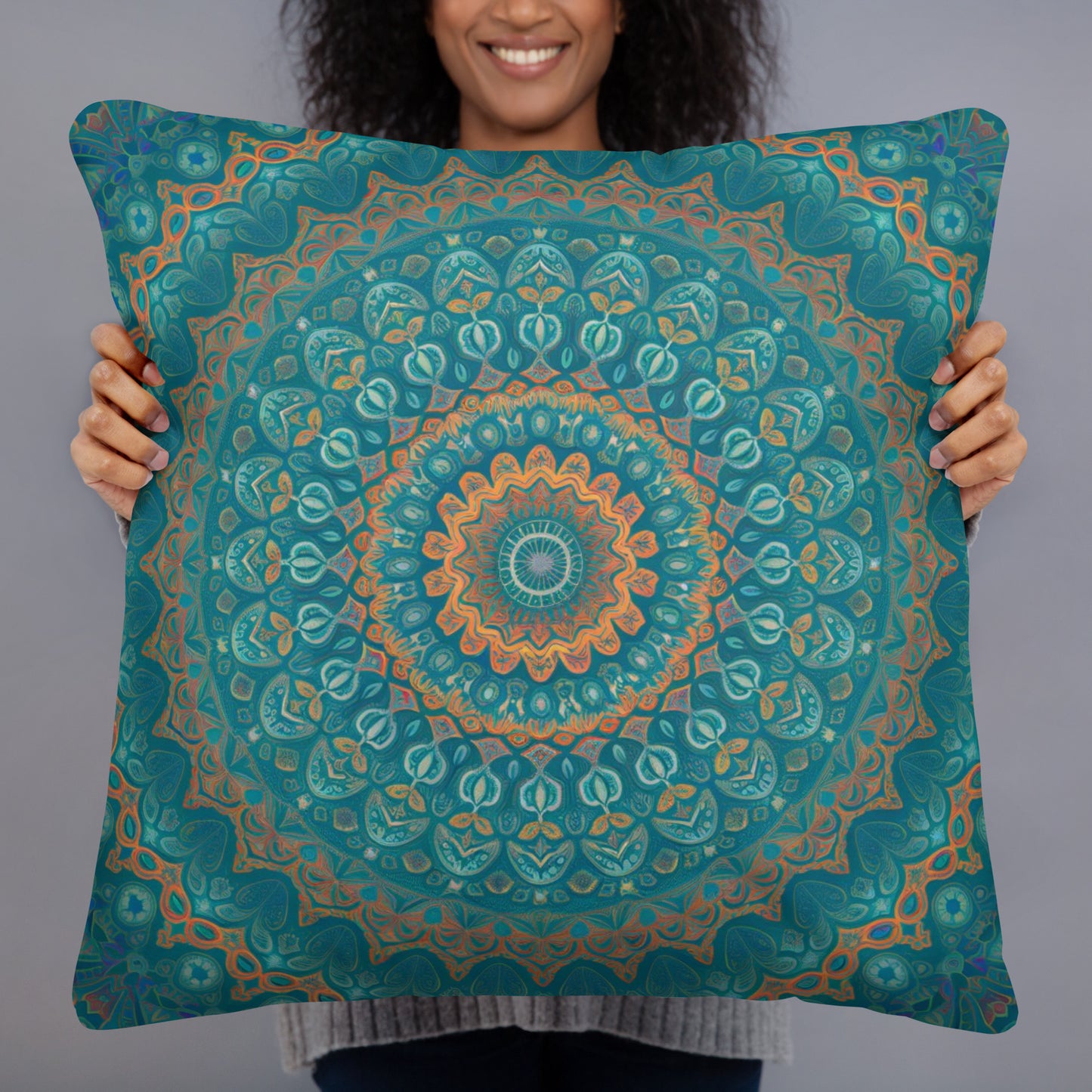 Teal Mandala Throw Pillow