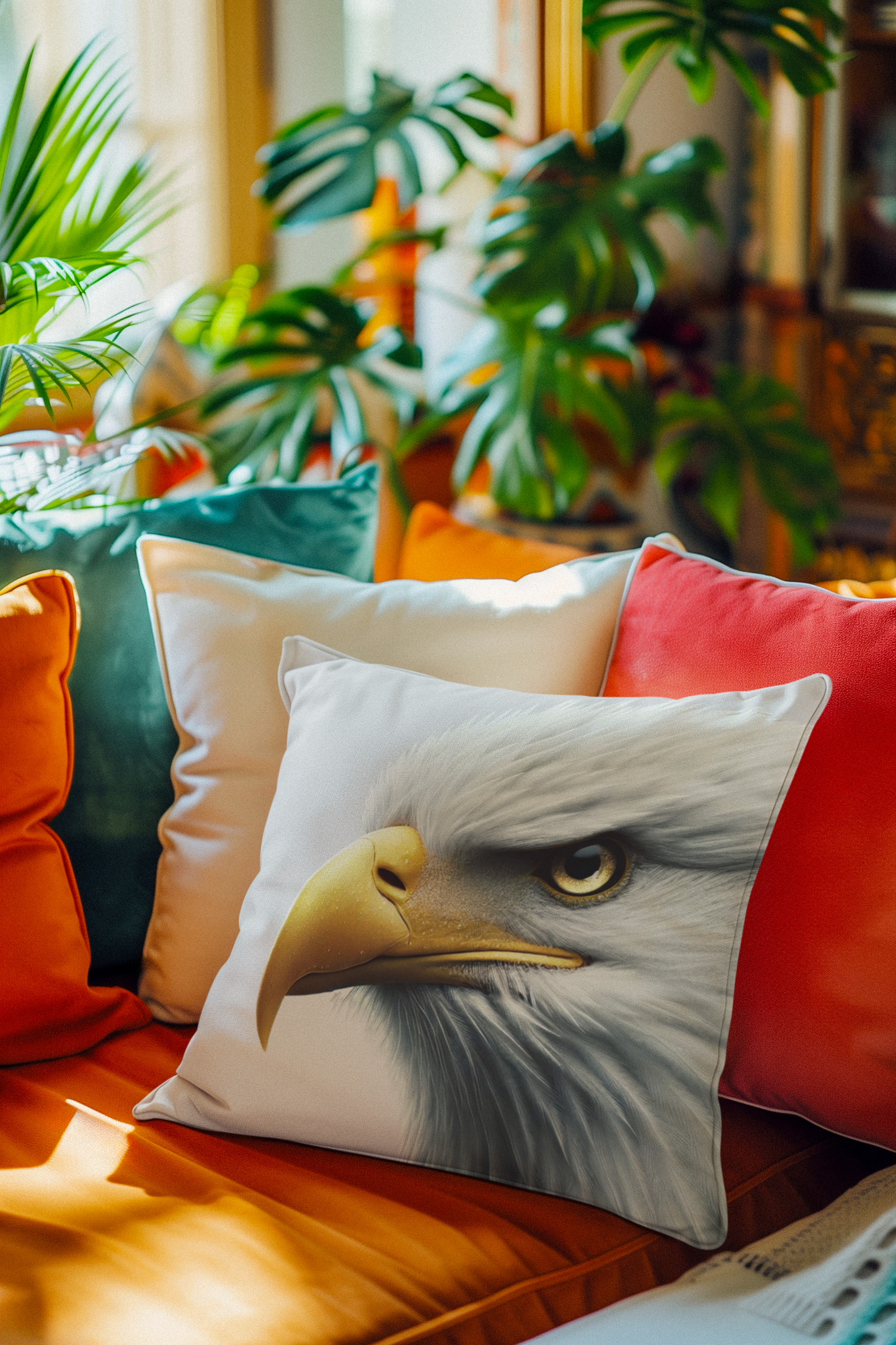 Decorative throw pillow featuring a realistic bald eagle&#39;s head with a sharp yellow beak and intense gaze, placed on a vibrant orange couch surrounded by green indoor plants.