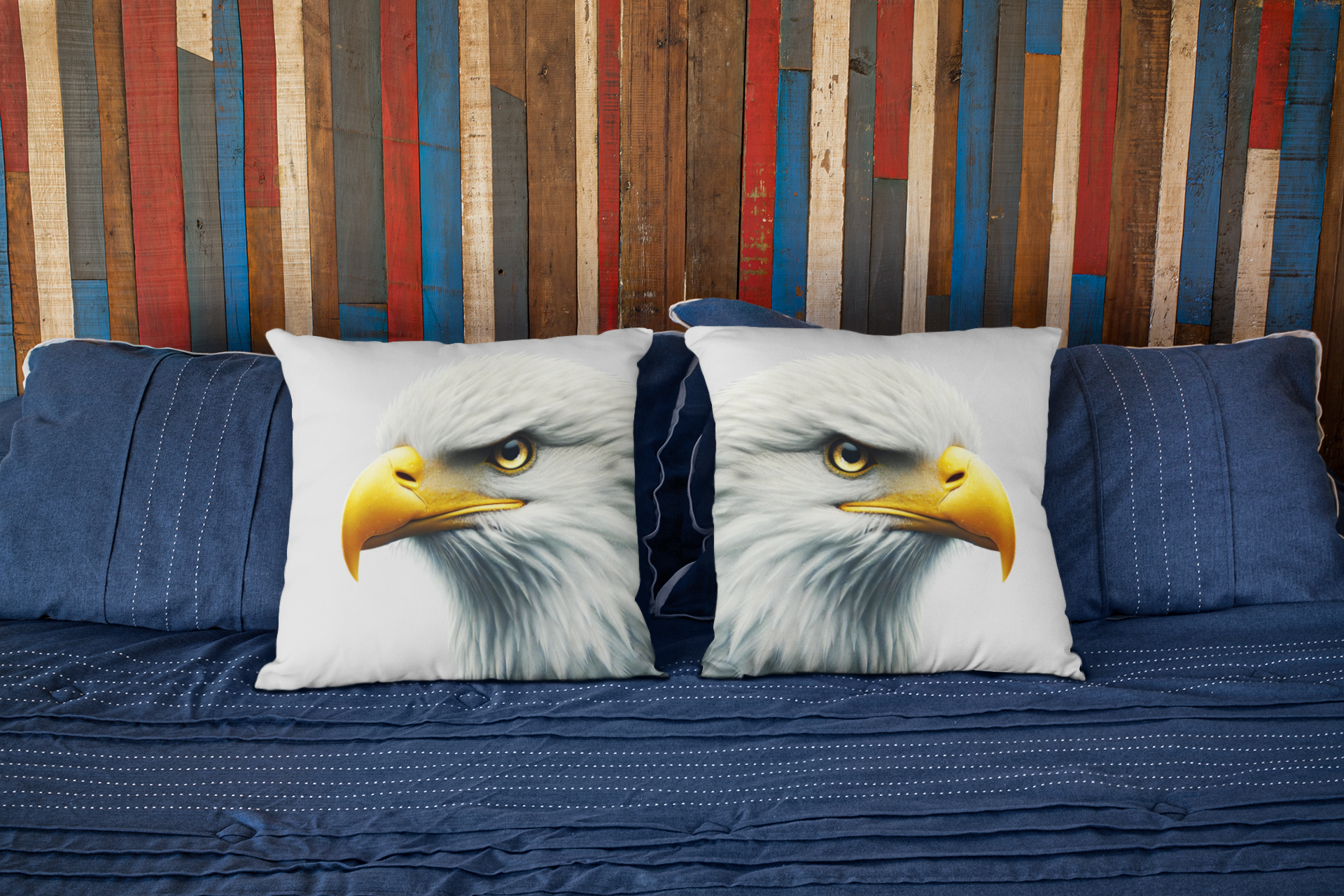 Two throw pillows with bald eagle designs on a cozy bed with blue bedding and a colorful wood-paneled wall, creating a bold and patriotic look.