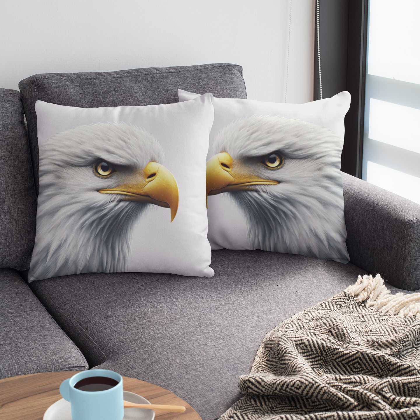 Two matching throw pillows featuring a bald eagle’s stern expression, placed on a grey sectional sofa, complemented by a blue coffee cup and woven throw blanket.