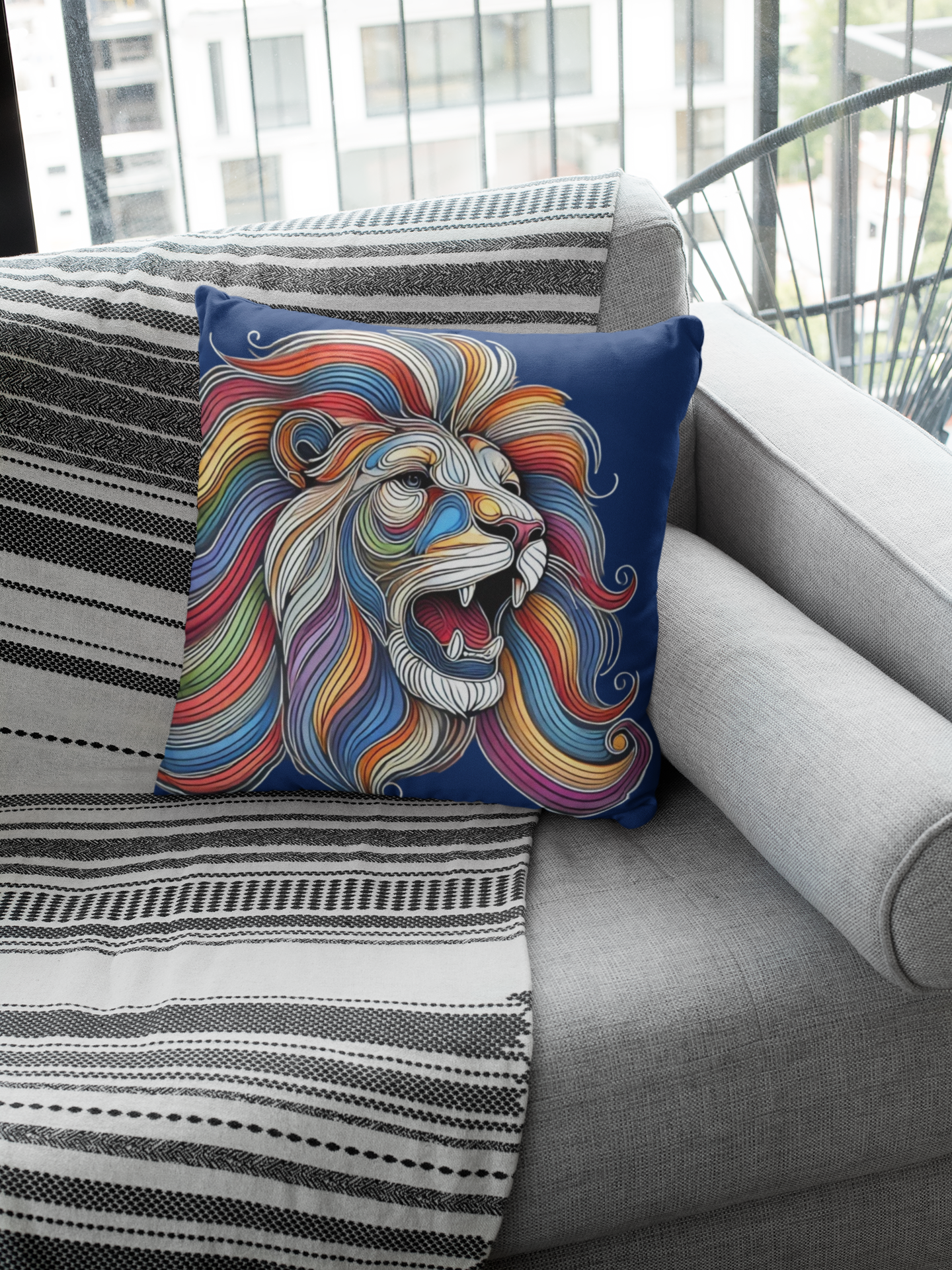 A vibrant lion-themed pillow on a grey sofa with a black and white striped blanket.