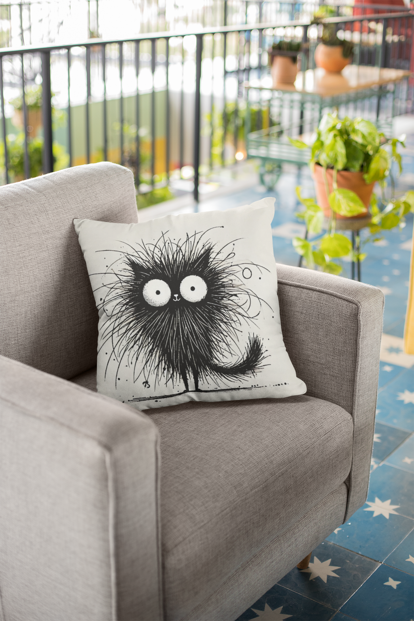 Funny Fluffy Black Cat Throw Pillow