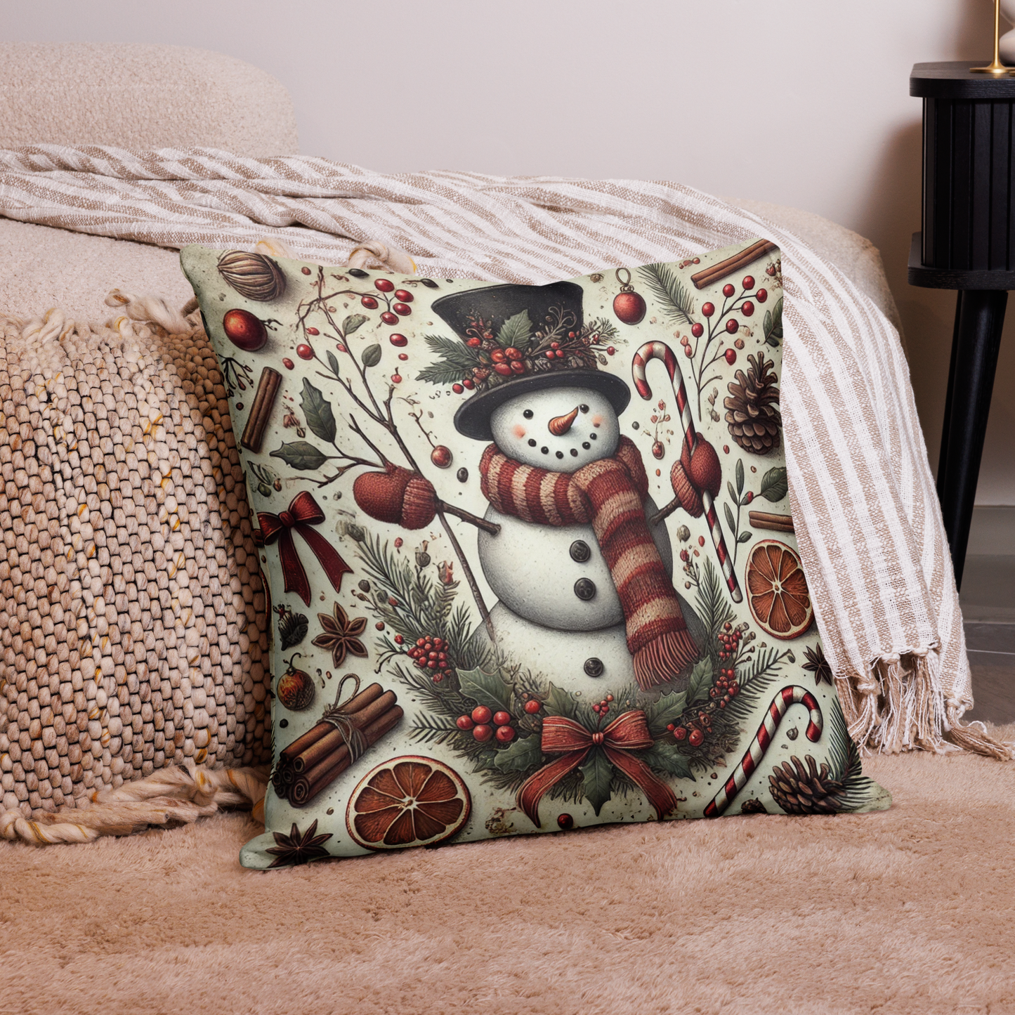 Vintage Christmas Snowman Pillow