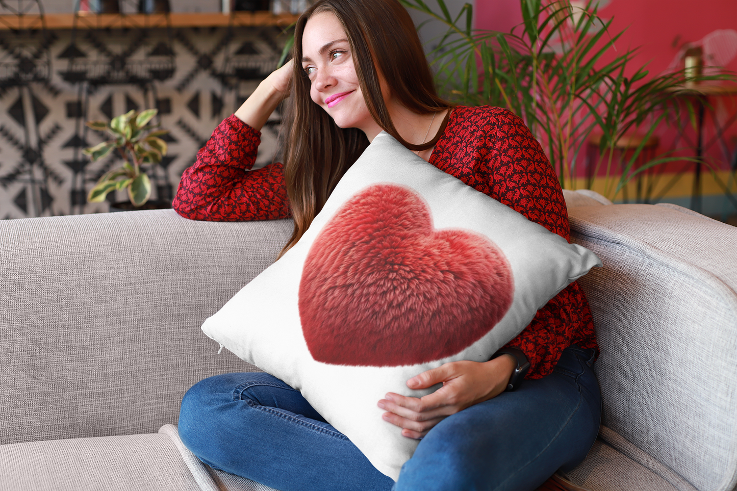 Red Heart Throw Pillow (White)