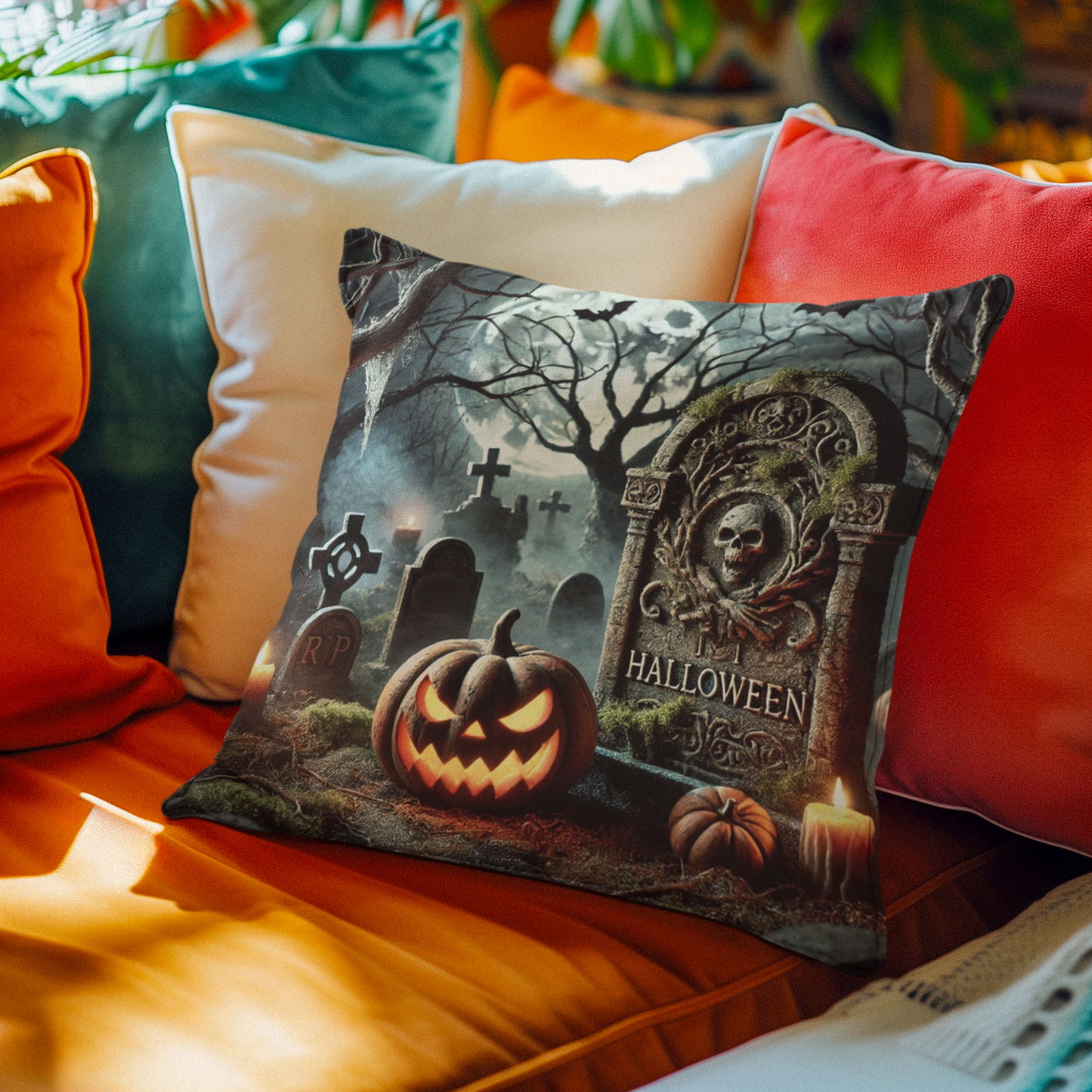 Spooky Halloween Graveyard Pillow