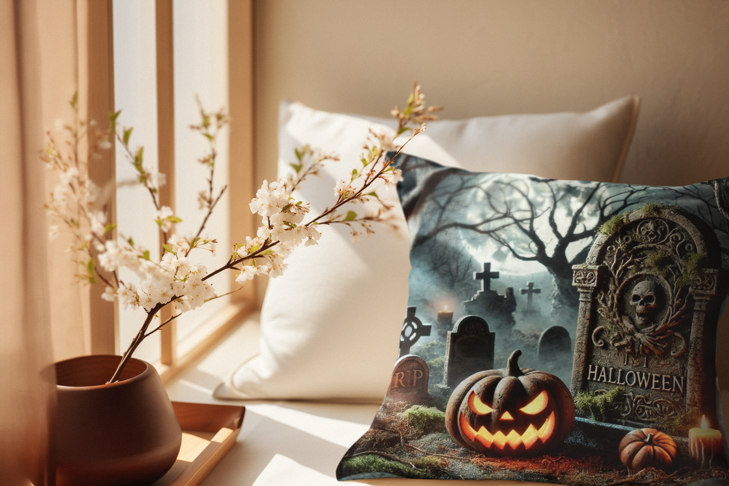 Spooky Halloween Graveyard Pillow