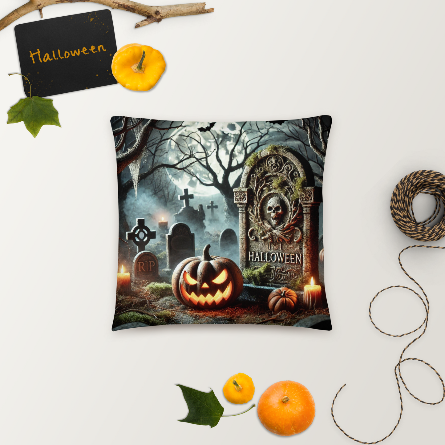 Spooky Halloween Graveyard Pillow