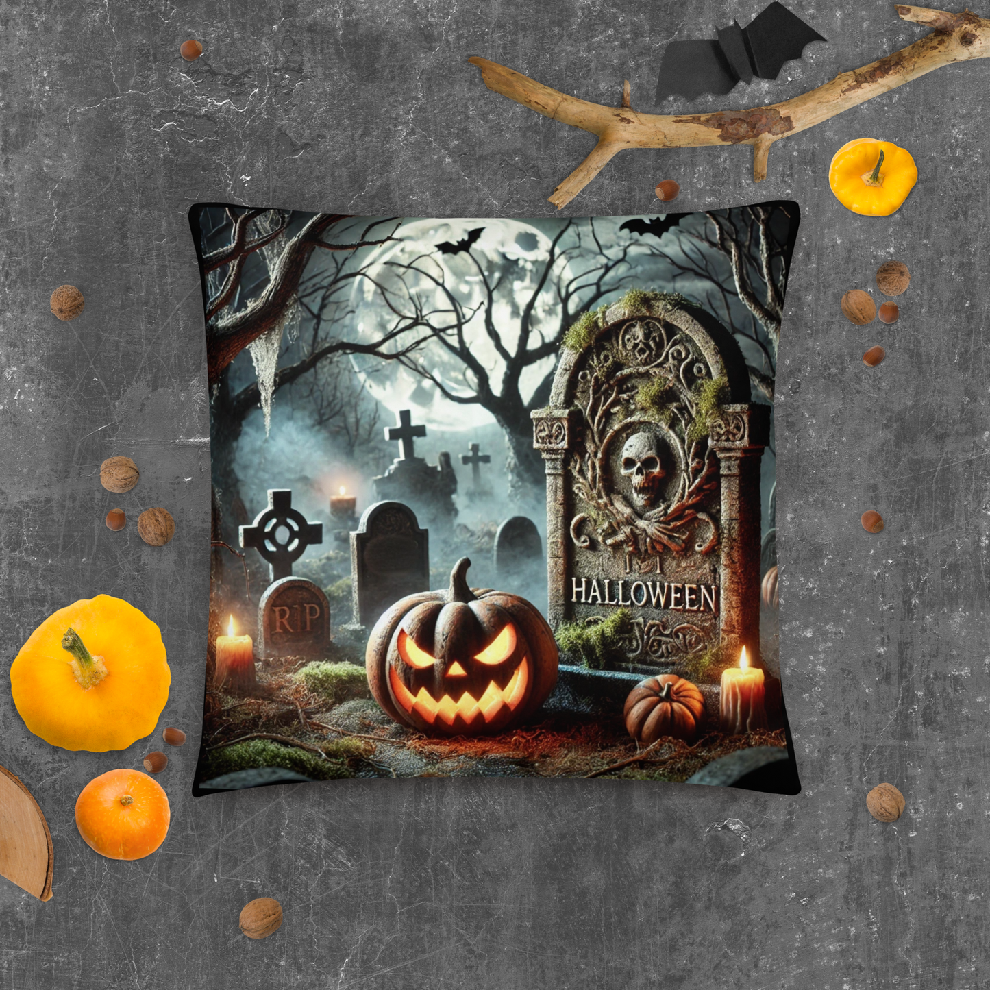 Spooky Halloween Graveyard Pillow
