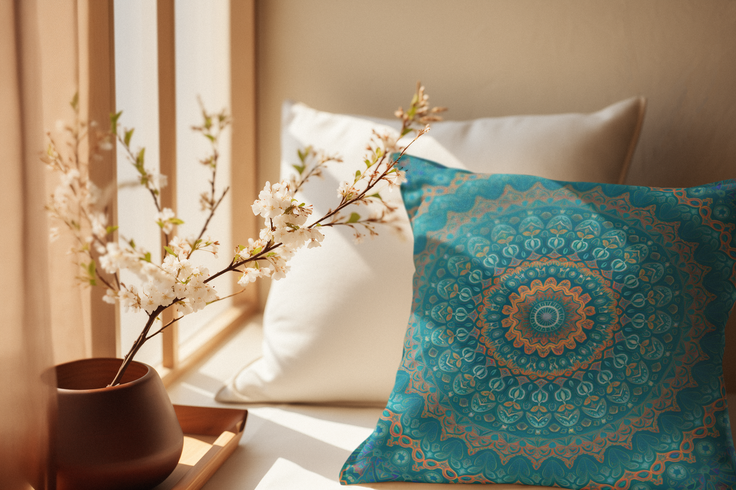 Teal Mandala Throw Pillow