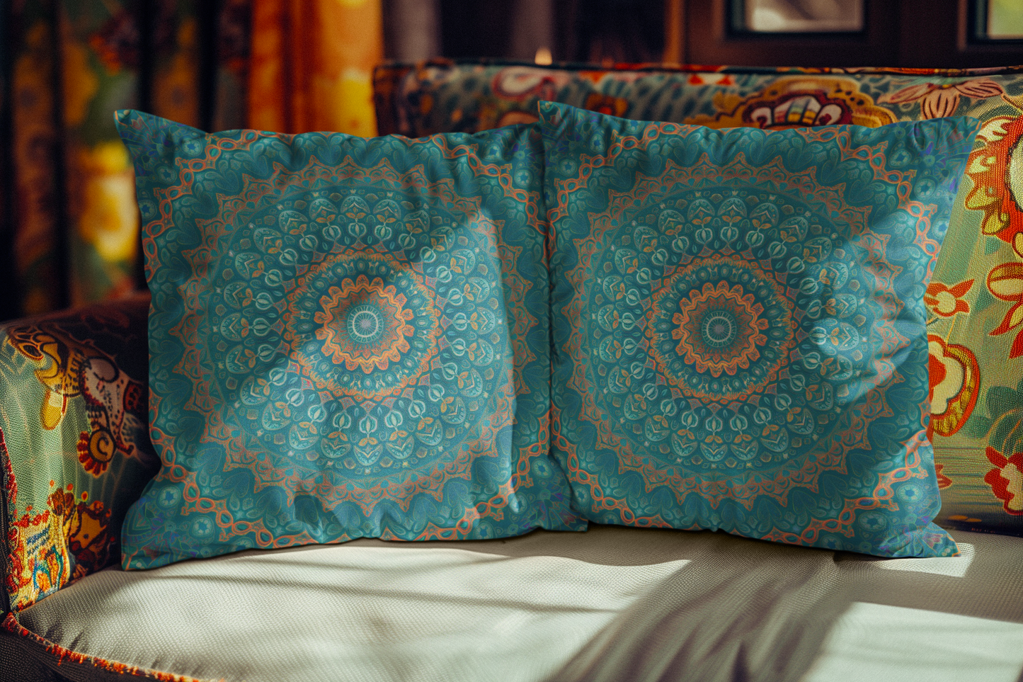 Teal Mandala Throw Pillow