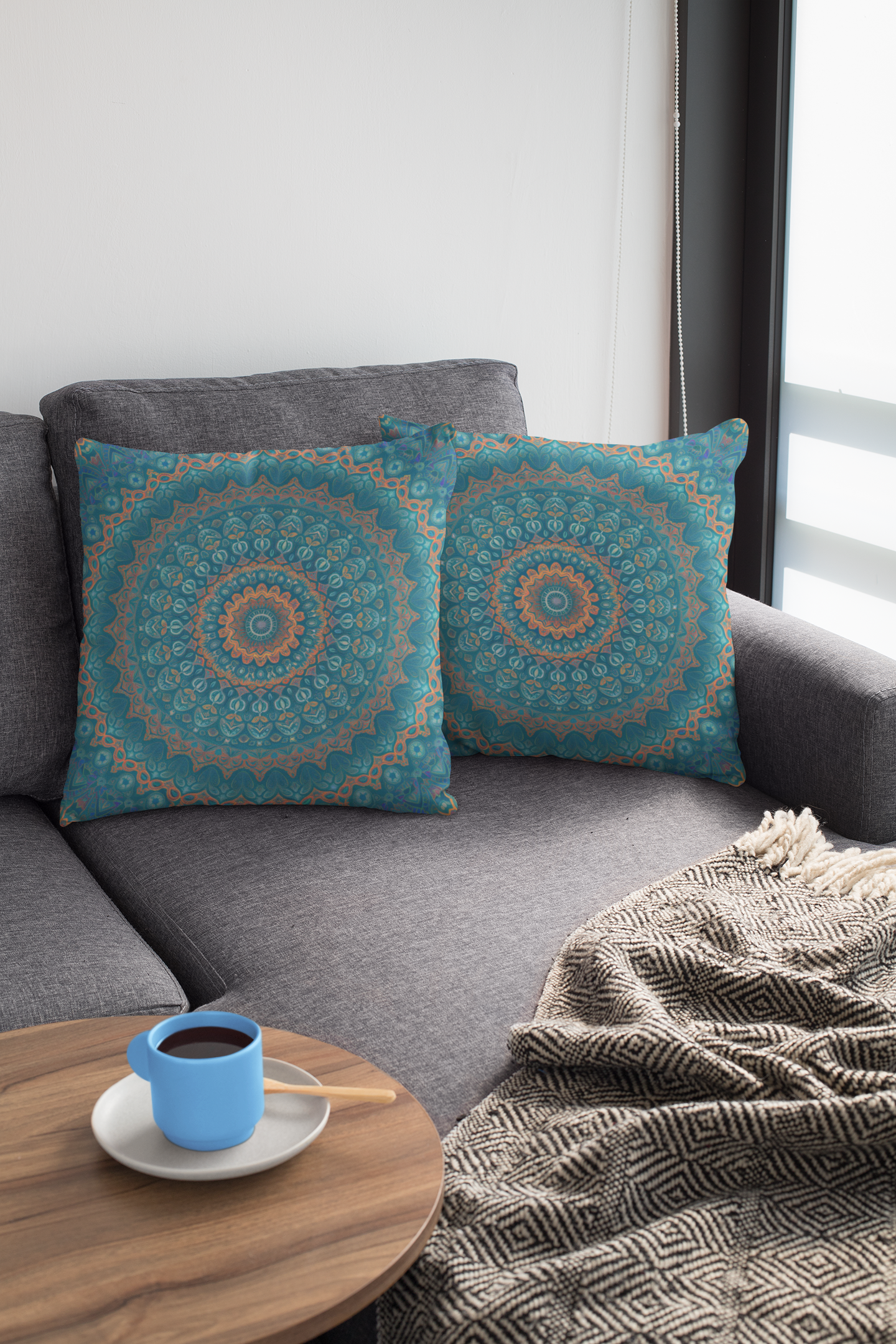 Teal Mandala Throw Pillow
