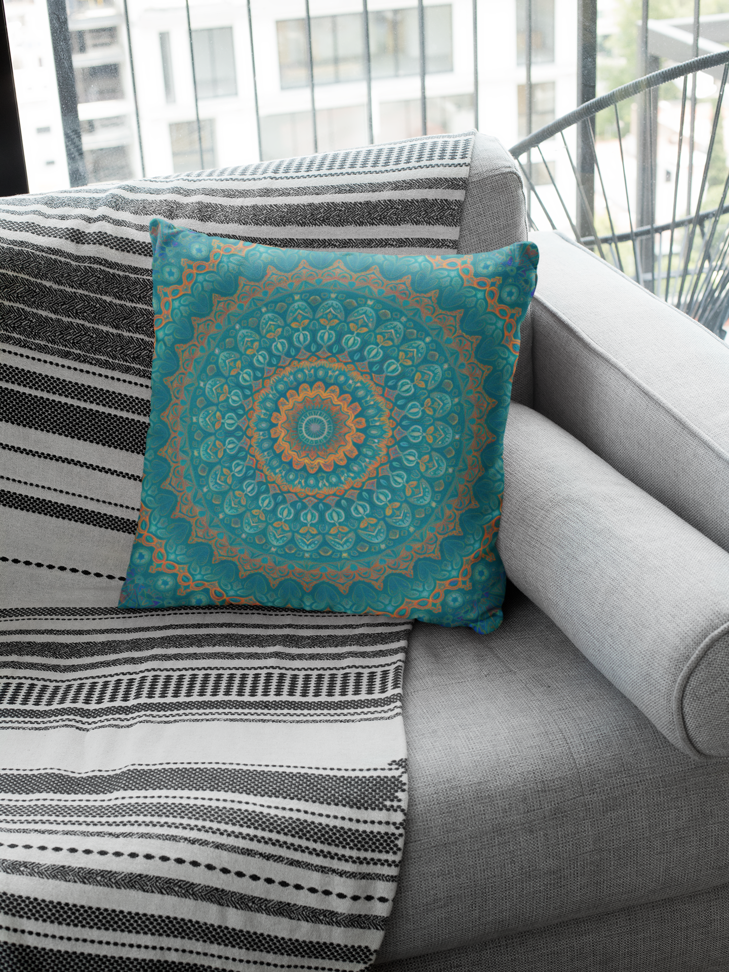 Teal Mandala Throw Pillow