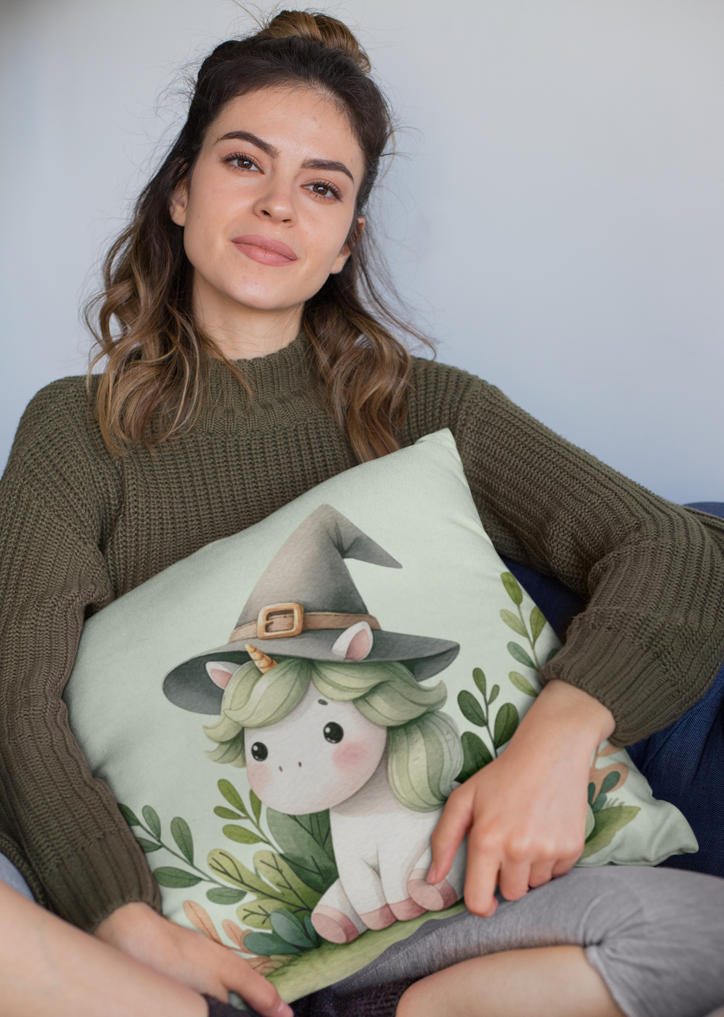 Cute Unicorn Throw Pillow with Witch Hat