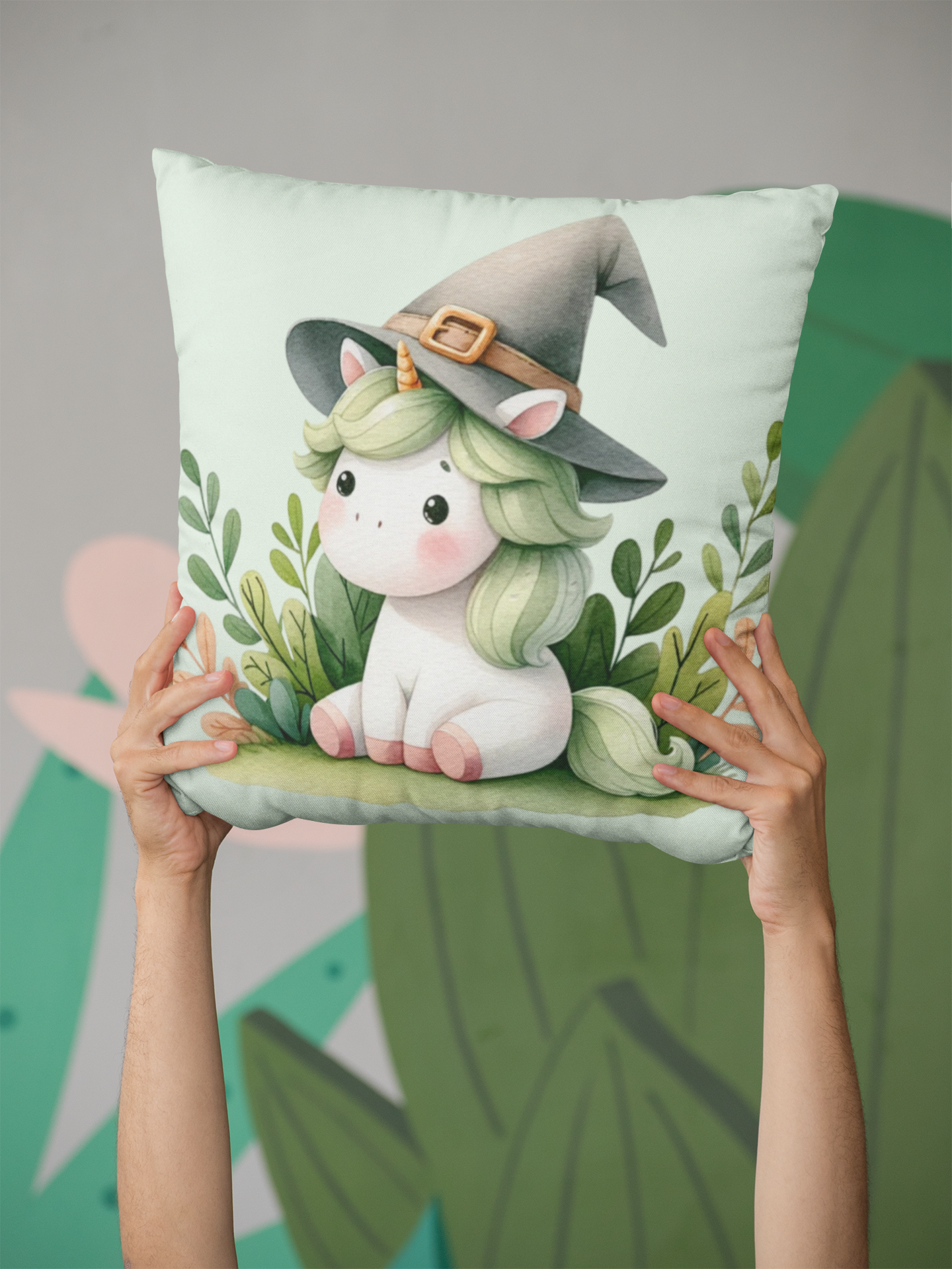 Cute Unicorn Throw Pillow with Witch Hat