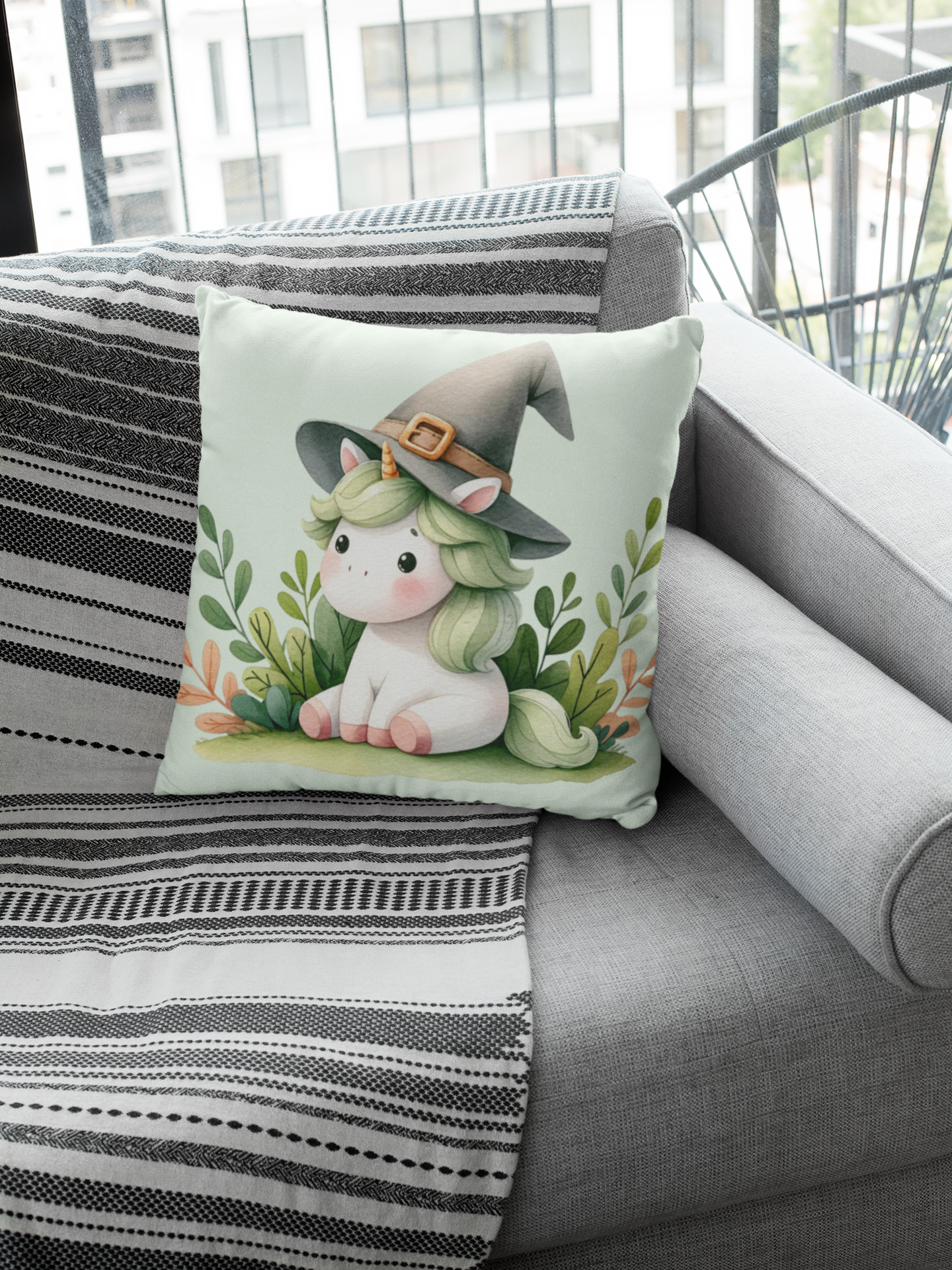 Cute Unicorn Throw Pillow with Witch Hat