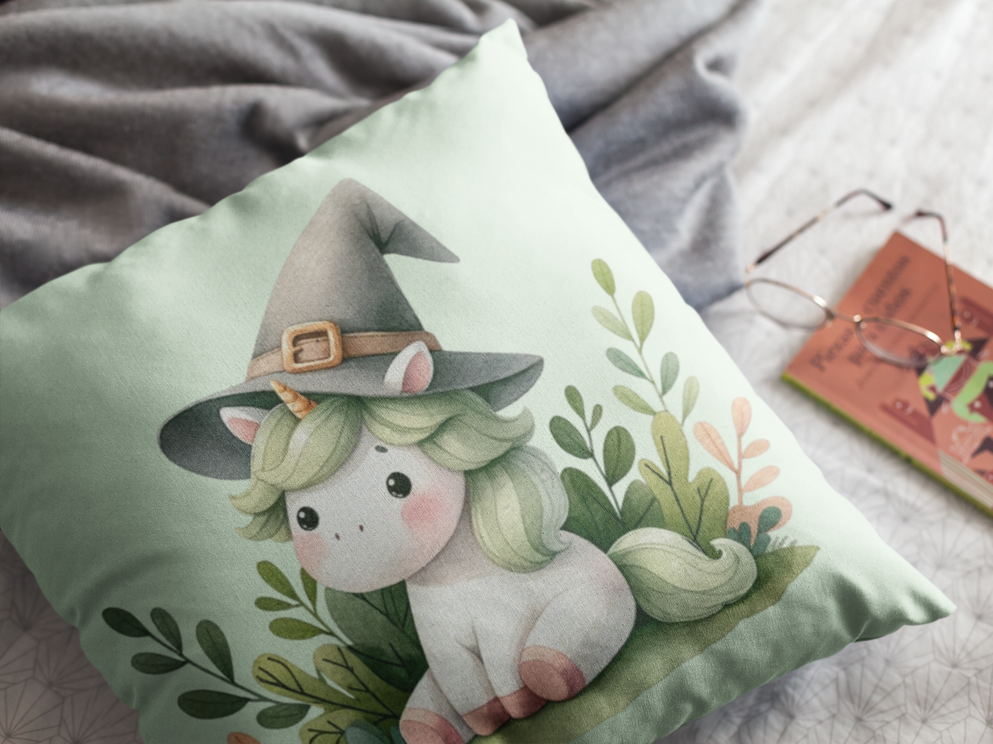 Cute Unicorn Throw Pillow with Witch Hat