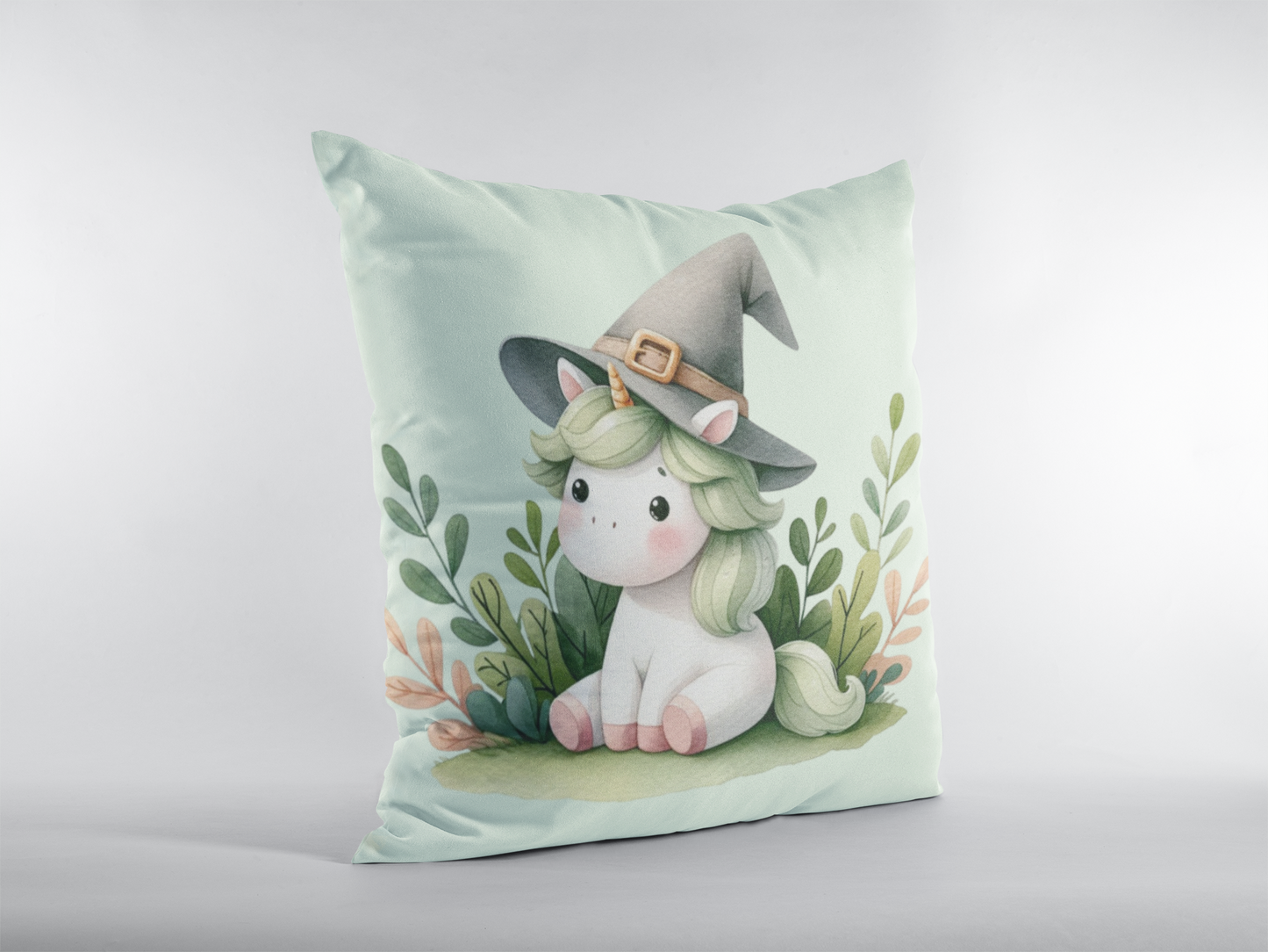 Cute Unicorn Throw Pillow with Witch Hat