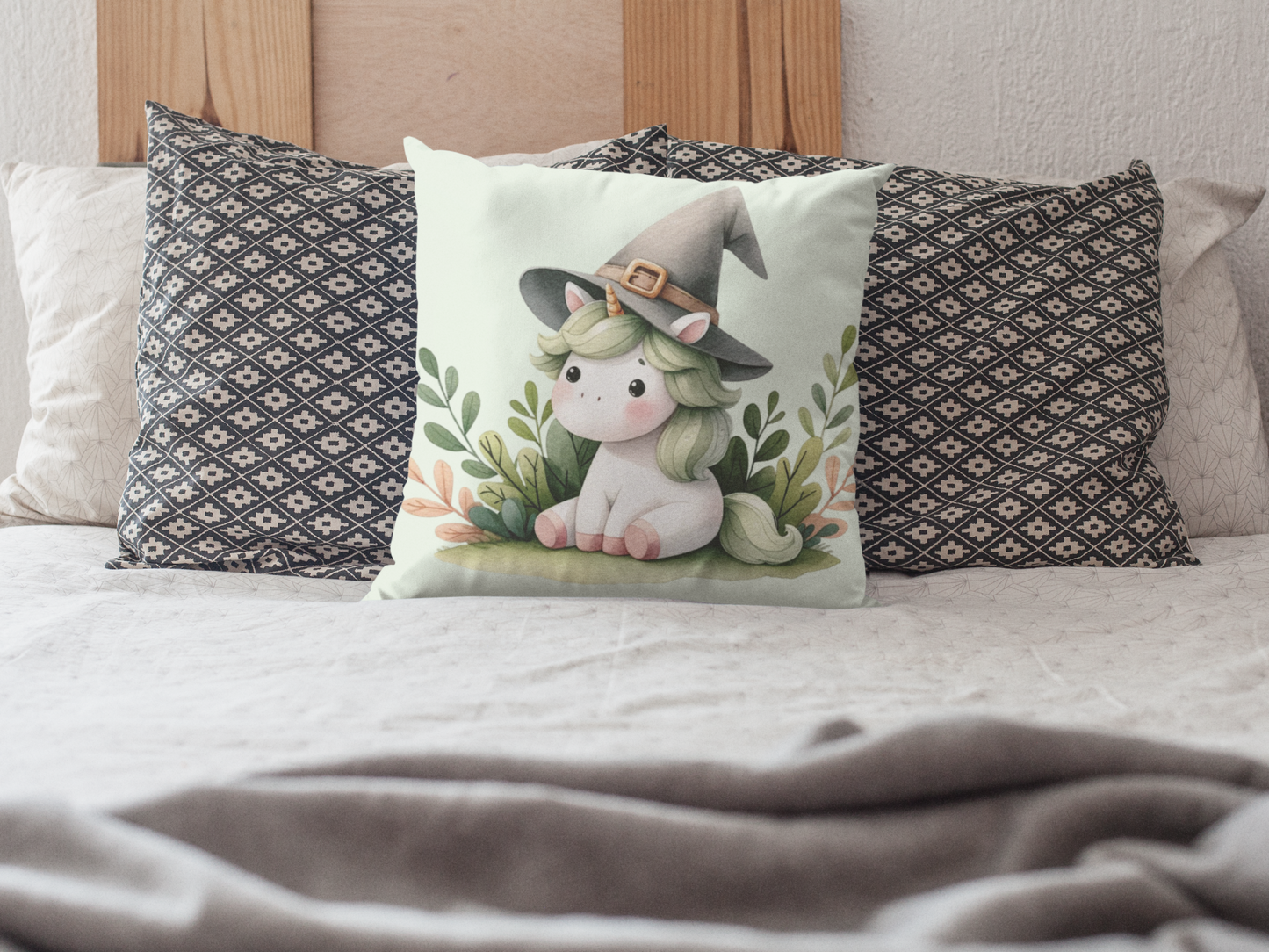 Cute Unicorn Throw Pillow with Witch Hat