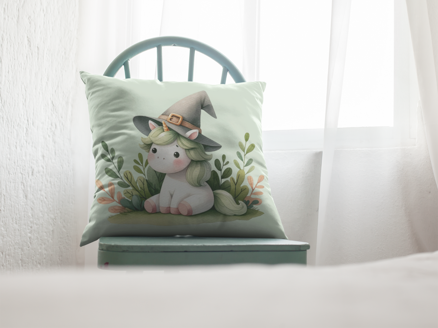 Cute Unicorn Throw Pillow with Witch Hat